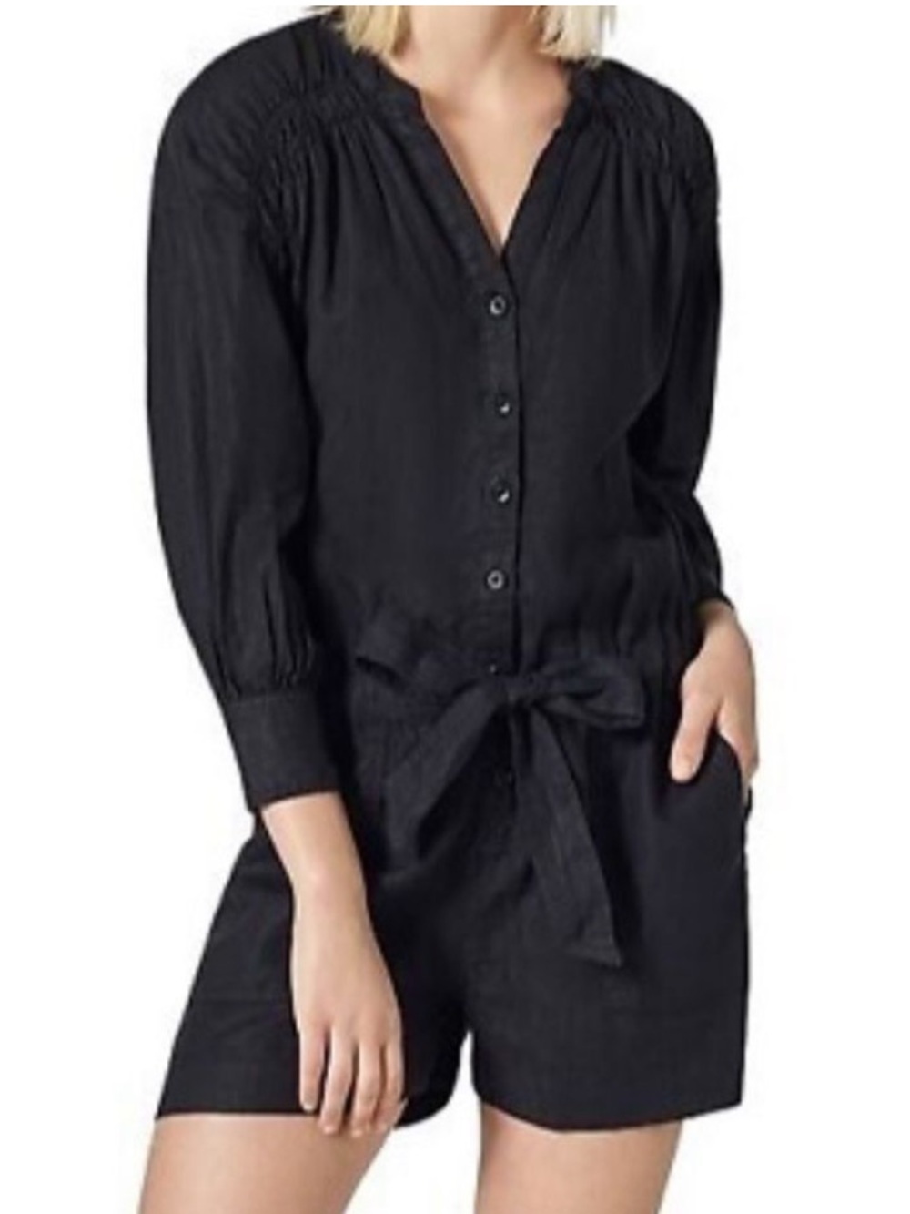 Joie Bosworth Linen Romper In Black 3/4 Sleeve‎ Tie Belt Size M
